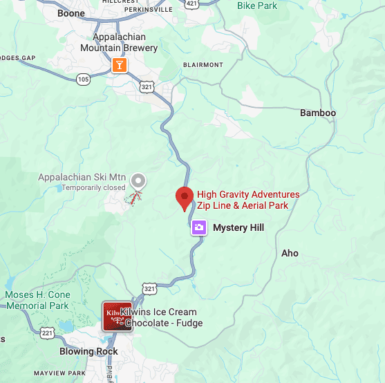 Map showing High Gravity Adventures near Boone and Blowing Rock, North Carolina